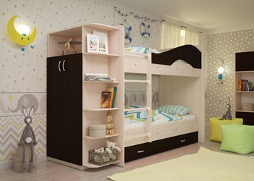 Детская 2-этажная кровать Мая на щитах со шкафом и ящиками, корпус Млечный дуб, фасад Венге в Ульяновске