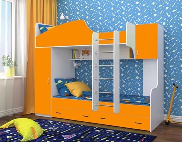 Детская кровать-шкаф Юниор-2, каркас Белое дерево, фасад Оранжевый в Ульяновске