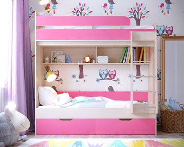 Детская 2-ярусная кровать Ярофф Юниор-5, каркас Дуб, фасад Розовый в Ульяновске