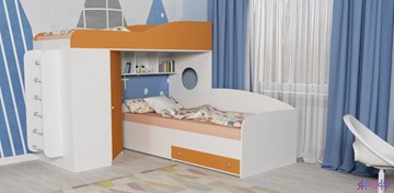 Детская кровать-шкаф Кадет-2 с металлической лестницей, корпус Белое дерево, фасад Оранжевый в Ульяновске
