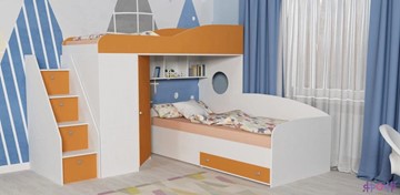 Кровать-чердак детская Кадет-2 с универсальной лестницей, корпус Белое дерево, фасад Оранжевый в Ульяновске