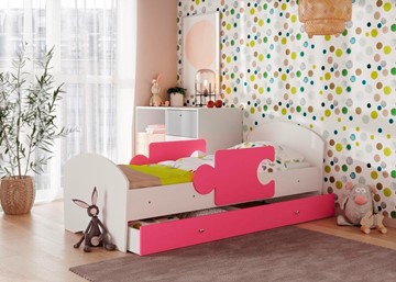 Детская кровать с ящиком и бортиками Мозайка, корпус Белый/фасад Розовый (щиты) в Ульяновске