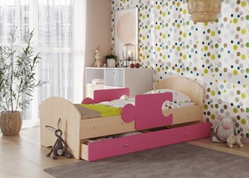 Детская кровать с ящиком и бортиками Мозайка, корпус Млечный дуб/фасад Розовый (ламели) в Ульяновске