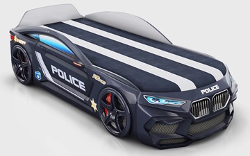 Кровать-машина в детскую Romeo-М Police + подсветка фар, ящик, матрас, Черный в Ульяновске