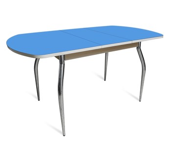 Кухонный раскладной стол ПГ-02 СТ2, дуб молочный/синие стекло/35 хром гнутые металл в Ульяновске