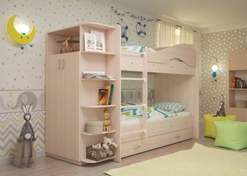 Детская двухъярусная кровать Мая на щитах со шкафом и ящиками, цвет Млечный дуб в Ульяновске - предосмотр