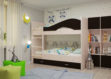 Детская  двухъярусная кровать Мая с 2 ящиками на щитах, корпус Млечный дуб, фасад Венге в Ульяновске - предосмотр 1