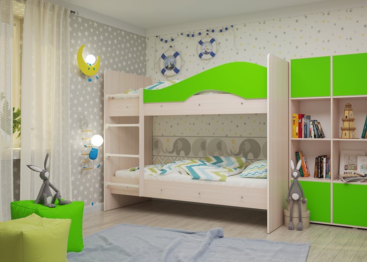 Двухэтажная детская кровать Мая на щитах, корпус Млечный дуб, фасад Салатовый в Ульяновске - изображение 1