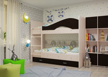 Детская 2-этажная кровать Мая на щитах со шкафом и ящиками, корпус Млечный дуб, фасад Венге в Ульяновске - предосмотр 1