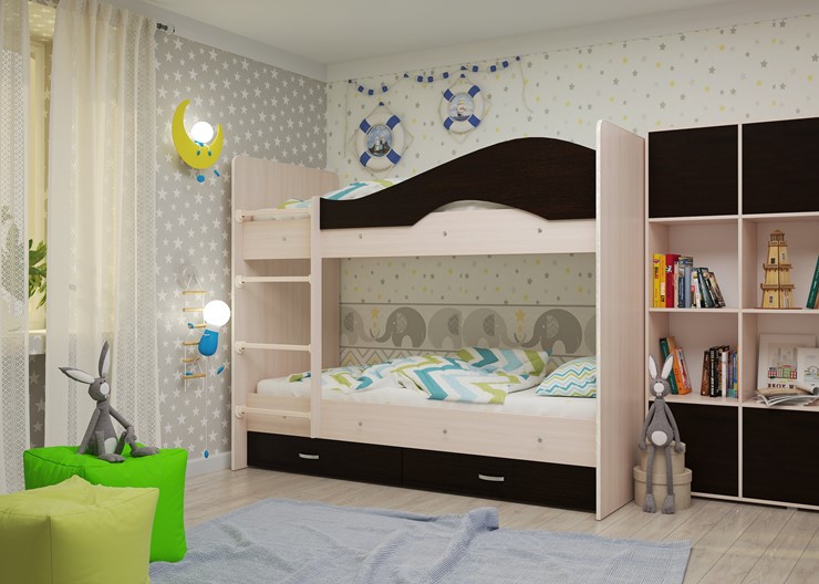 Детская 2-этажная кровать Мая на щитах со шкафом и ящиками, корпус Млечный дуб, фасад Венге в Ульяновске - изображение 1