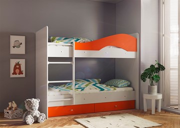 Детская 2-х ярусная кровать Мая с 2 ящиками на щитах, корпус Млечный дуб, фасад Оранжевый в Ульяновске - предосмотр