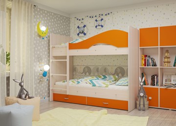 Детская 2-х ярусная кровать Мая с 2 ящиками на щитах, корпус Млечный дуб, фасад Оранжевый в Ульяновске - предосмотр 3