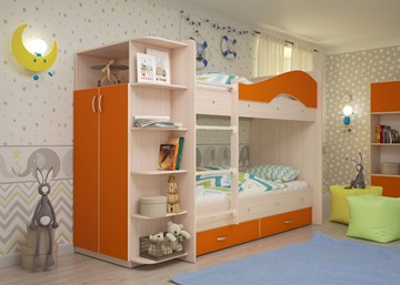 Детская 2-х ярусная кровать Мая с 2 ящиками на щитах, корпус Млечный дуб, фасад Оранжевый в Ульяновске - предосмотр 1