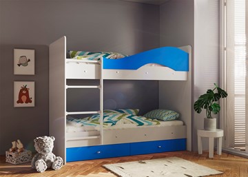 Двухэтажная детская кровать Мая с 2 ящиками на щитах, корпус Млечный дуб, фасад Синий в Ульяновске - предосмотр
