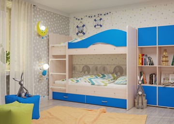 Двухэтажная детская кровать Мая с 2 ящиками на щитах, корпус Млечный дуб, фасад Синий в Ульяновске - предосмотр 3