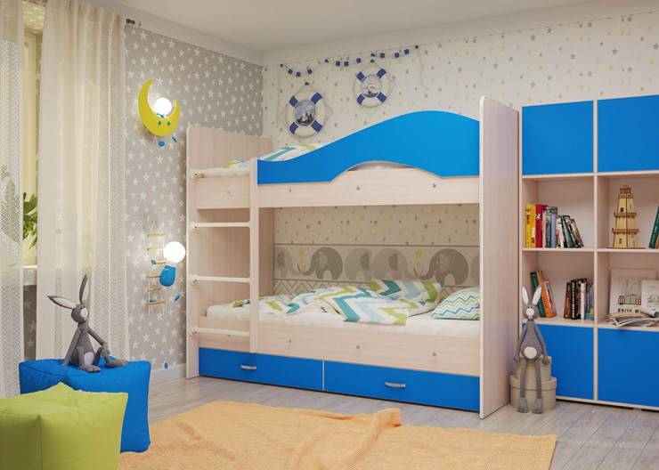 Двухэтажная детская кровать Мая с 2 ящиками на щитах, корпус Млечный дуб, фасад Синий в Ульяновске - изображение 3
