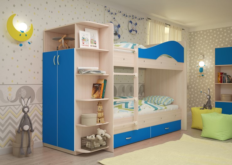 Двухэтажная детская кровать Мая с 2 ящиками на щитах, корпус Млечный дуб, фасад Синий в Ульяновске - изображение 1