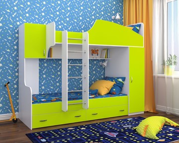 Детская 2-этажная кровать Юниор-2, каркас Белое дерево, фасад Лайм в Ульяновске - предосмотр