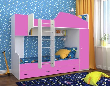 Детская 2-этажная кровать Юниор-2, каркас Белое дерево, фасад Розовый в Ульяновске - предосмотр