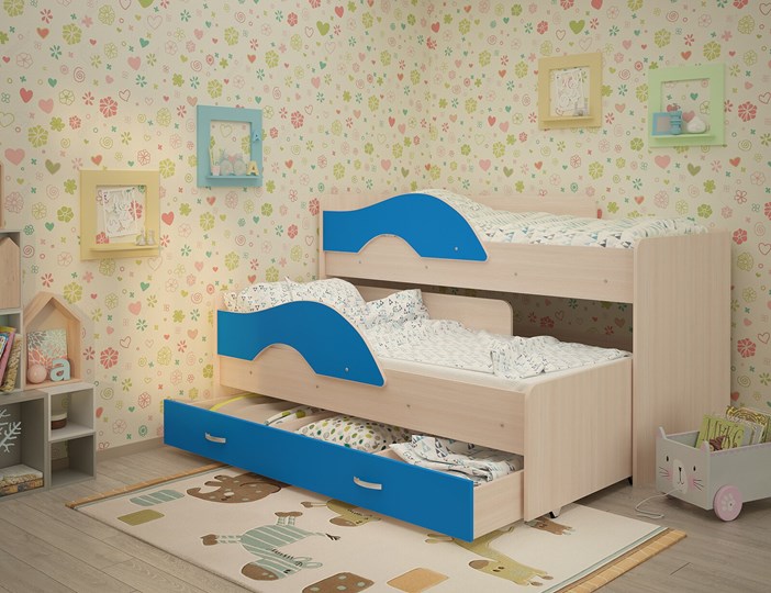 Детская 2-х ярусная кровать Радуга 1.6 с ящиком, корпус Млечный дуб, фасад Синий в Ульяновске - изображение 1