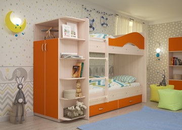 Двухъярусная кровать Мая на щитах со шкафом и ящиками, корпус Млечный дуб, фасад Оранжевый в Ульяновске