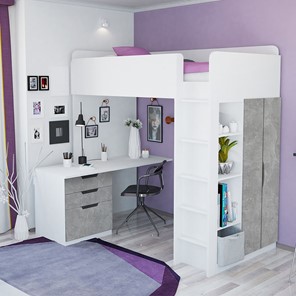 Детская кровать с письменным столом и шкафом POLINI Kids Simple Белый / Бетон в Ульяновске - предосмотр 1