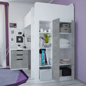 Детская кровать с письменным столом и шкафом POLINI Kids Simple Белый / Бетон в Ульяновске - предосмотр 2