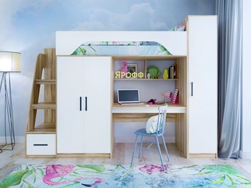 Детская кровать-чердак с шкафом Тея, каркас Ясень, фасад Белый в Ульяновске - предосмотр
