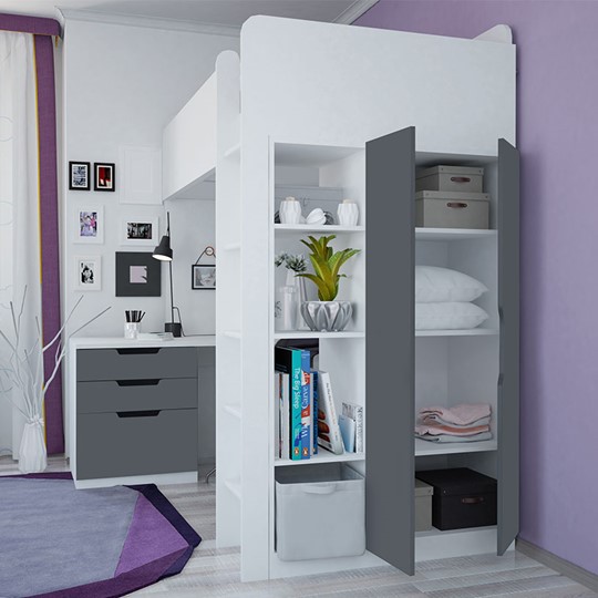 Кровать детская с письменным столом и шкафом POLINI Kids Simple Белый / Серый в Ульяновске - изображение 1