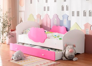 Детская кровать Тучка с ящиком, корпус Белый, фасад Розовый в Ульяновске