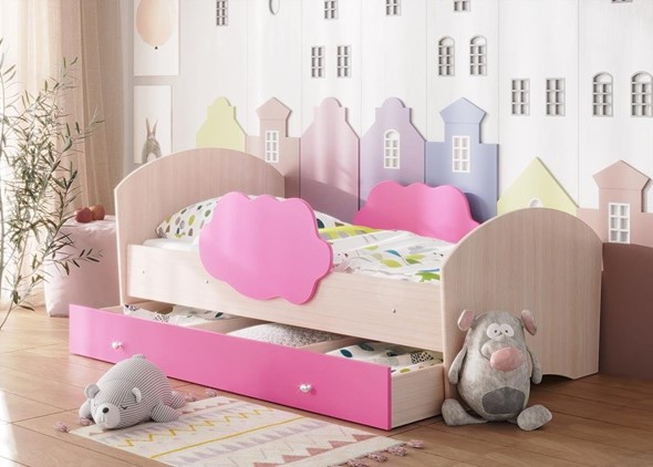 Детская кровать Тучка с ящиком, корпус Дуб млечный, фасад Розовый в Ульяновске - изображение