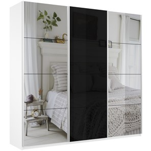 Шкаф трехдверный Широкий Прайм (2 Зеркала / Стекло черное) 2400x570x2300, Белый Снег в Ульяновске