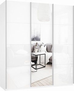 Шкаф 3-х дверный Прайм (Белое стекло/Зеркало/Белое стекло) 1800x570x2300, белый снег в Ульяновске
