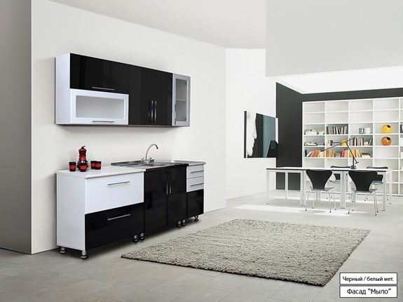 Модульная кухня Мыло 224 2000х718, цвет Черный/Белый металлик в Ульяновске - изображение