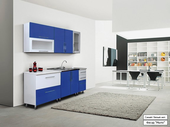 Модульный кухонный гарнитур Мыло 224 2000х718, цвет Синий/Белый металлик в Ульяновске - изображение