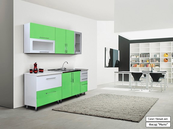 Кухонный гарнитур Мыло 224 2000х718, цвет Салат/Белый металлик в Ульяновске - изображение