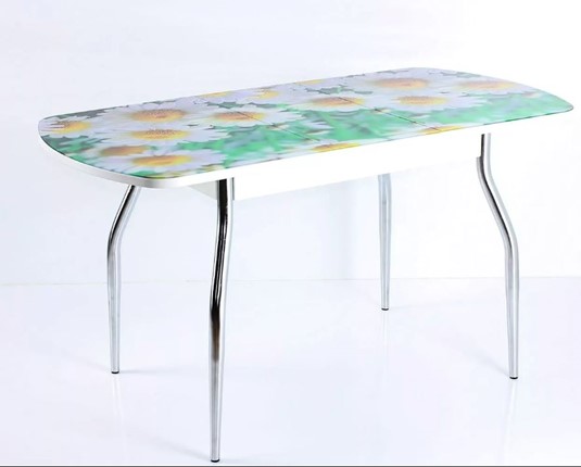 Кухонный стол раскладной ПГ-07 СТФ, белое ЛДСП/ромашки/35 хром гнутые в Ульяновске - изображение