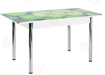 Кухонный стол раздвижной Айсберг-02 СТФ, белое лдсп/зеленые яблоки/ноги хром прямые в Ульяновске