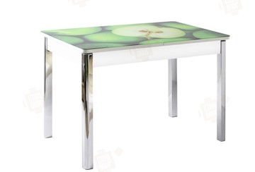 Кухонный раскладной стол Айсберг-01 СТФ, белый/фотопечать зеленые яблоки/ноги хром квадратные в Ульяновске