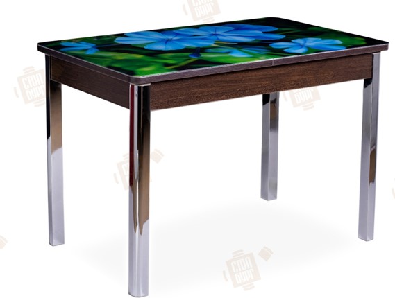 Кухонный стол раскладной Айсберг-01 СТФ, венге/фотопечать фиалка/ноги хром квадратные в Ульяновске - изображение