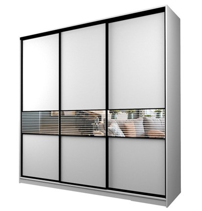 Шкаф 3-х дверный MAX МШ-27-6-24-333, Профиль Черный/Цвет Белый/с зеркальной вставкой с рисунком в Ульяновске - изображение