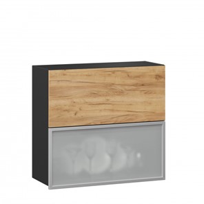 Кухонный навесной шкаф 800 горизонтальный, Шервуд, ЛД 281.981.000.049, со стеклом, черный/дуб золотой в Ульяновске